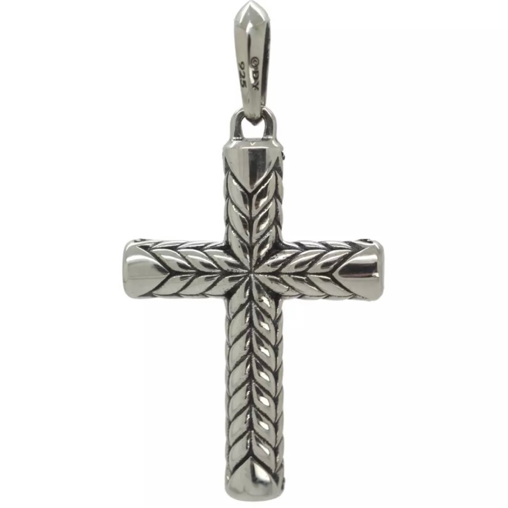 David Yurman 925 Silver Chevron Black Pave Diamonds Sculpted Cross Pendant - Picture 3 of 6